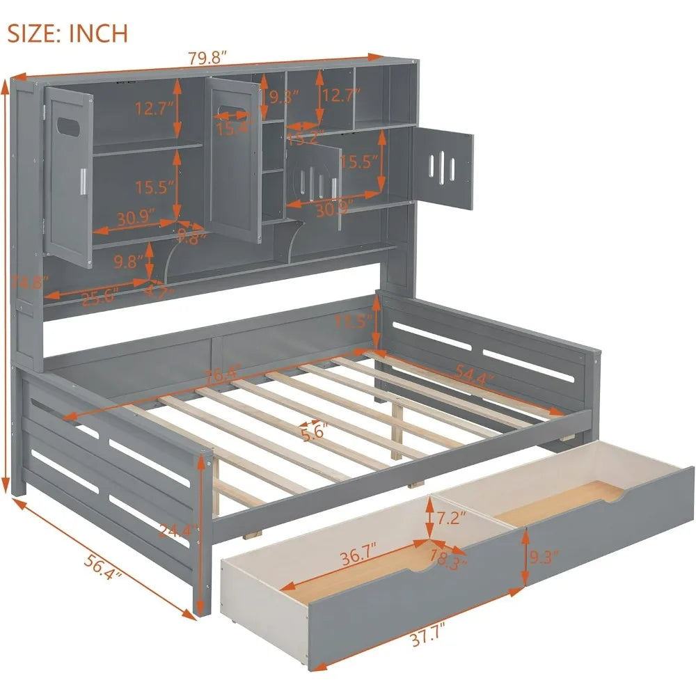 Gray Full Size Wooden Daybed with Storage Drawers, Bookcase Headboard, and All-in-One Cabinet & Shelf
