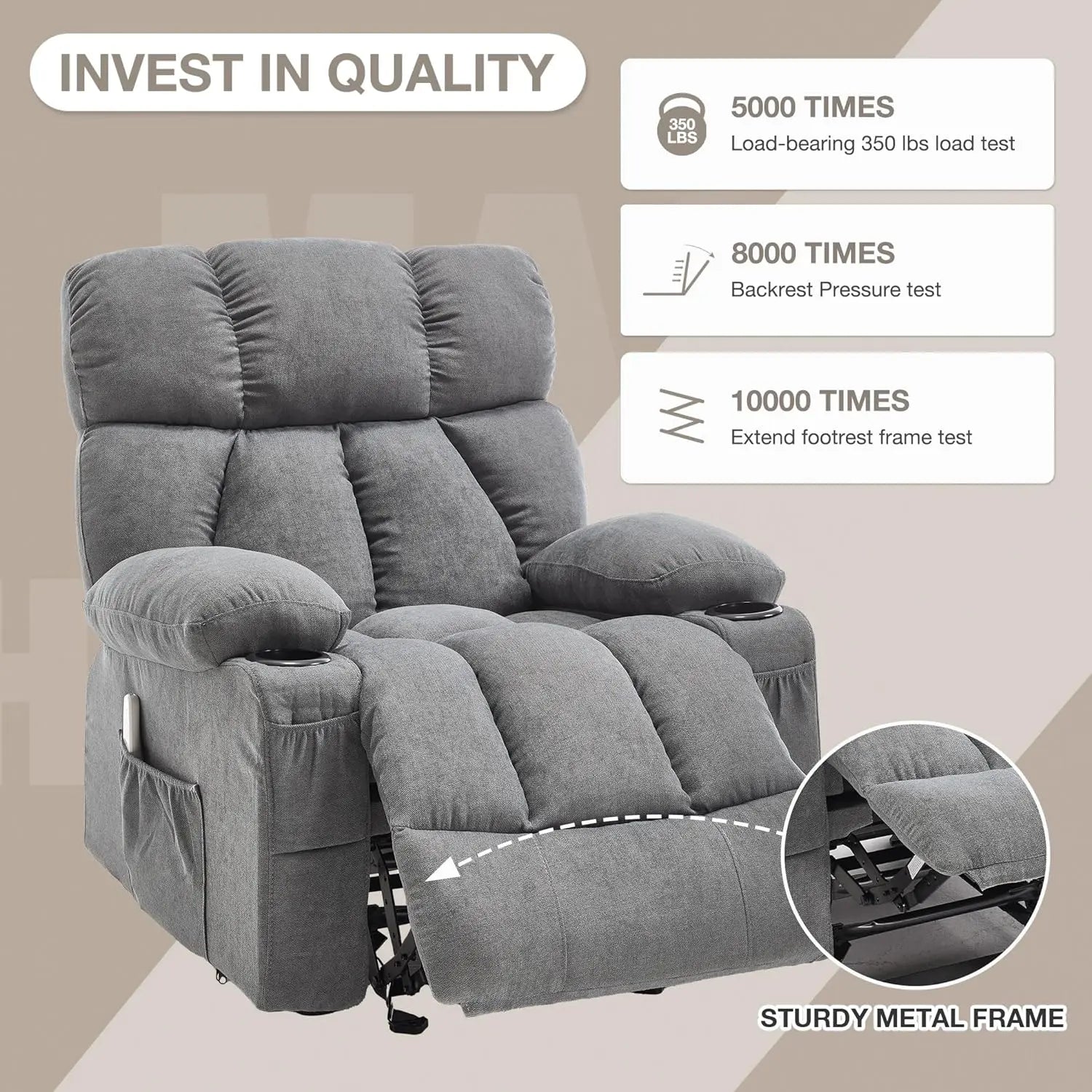 Massage Recliner Chair with Heat Vibration, Rocking Ergonomic Overstuffed Lounge, USB Port, Grey