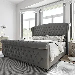 Queen Size Platform Bed Frame, Velvet Upholstered Sleigh Bed with Scroll Wingback Headboard & Footboard/Button Tufted