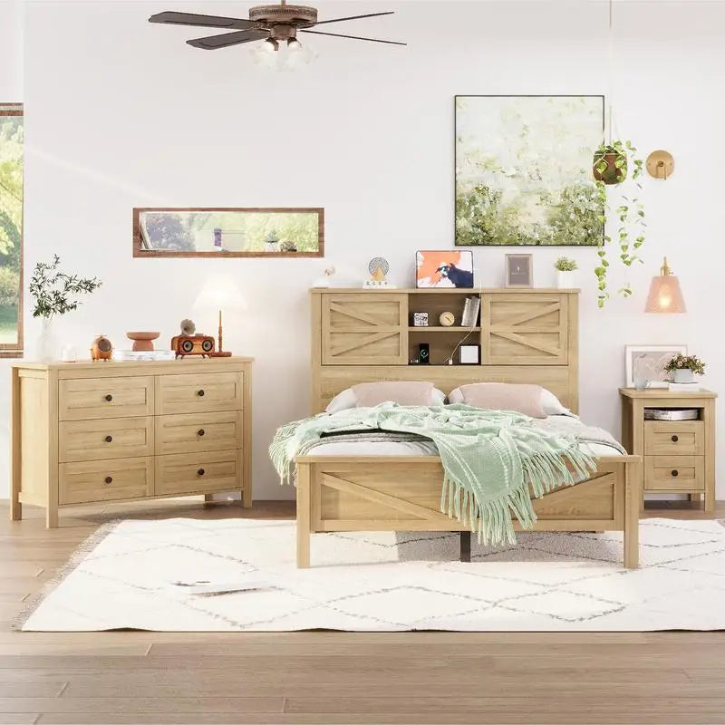 3-Piece Full Size Bedroom Set with Farmhouse Platform Bed, Double Sliding Door Storage Headboard with Charging Station,