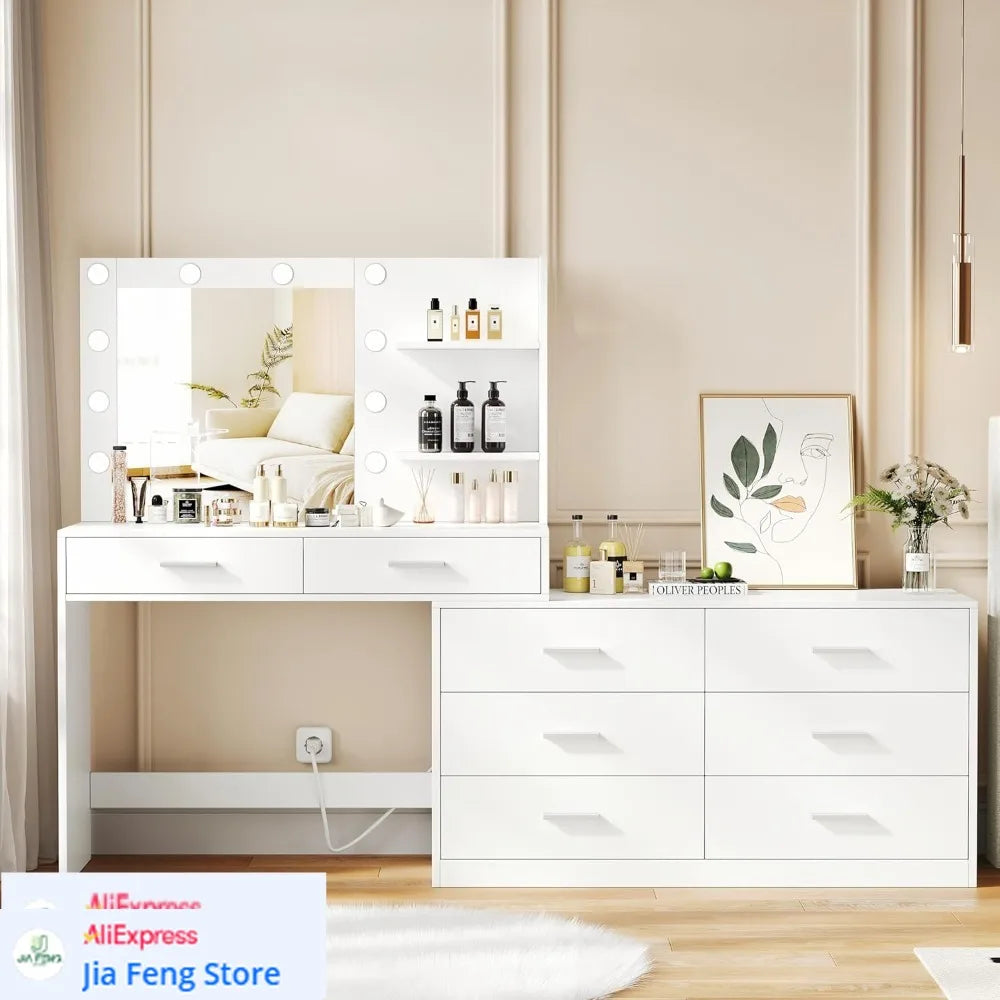 65-inch Vanity Desk with Luminated Mirror and 8-Drawer Storage Makeup Table