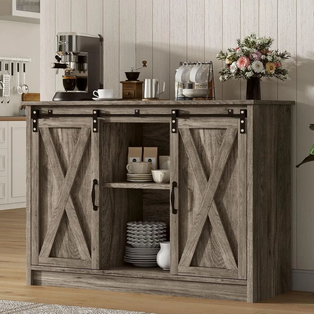 Farmhouse Coffee Bar Cabinet with Sliding Barn Door, 42” Coffee Bar Table with Adjustable Shelves, Buffet Cabinet with Storage