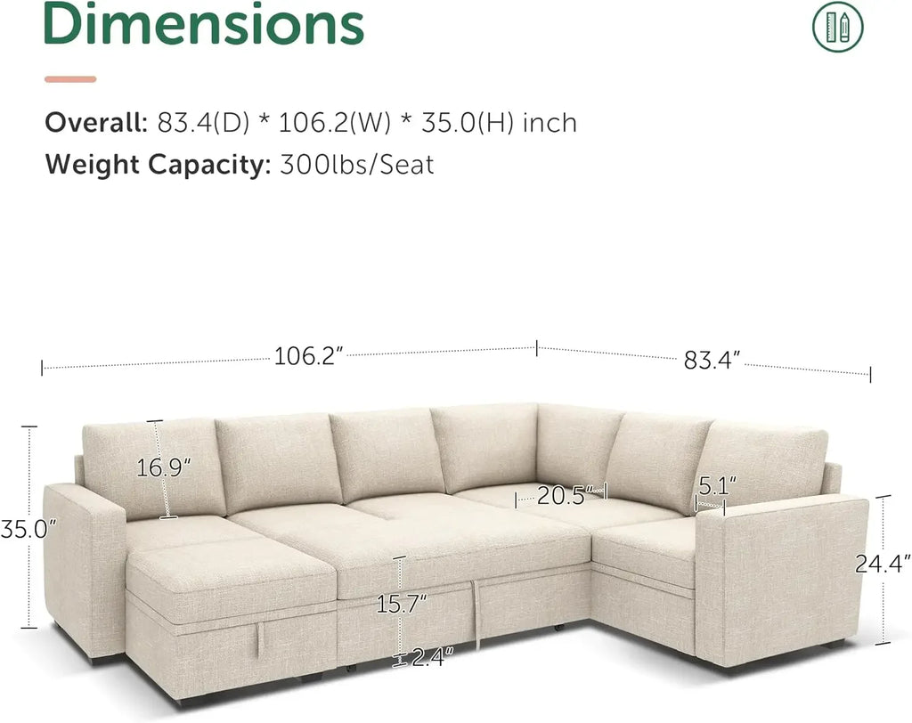 Modular Sectional Sleeper Sofa with Pull Out Bed, U Shaped Sectional Couch with Storage Ottoman, Convertible 7-Seater Sofa,