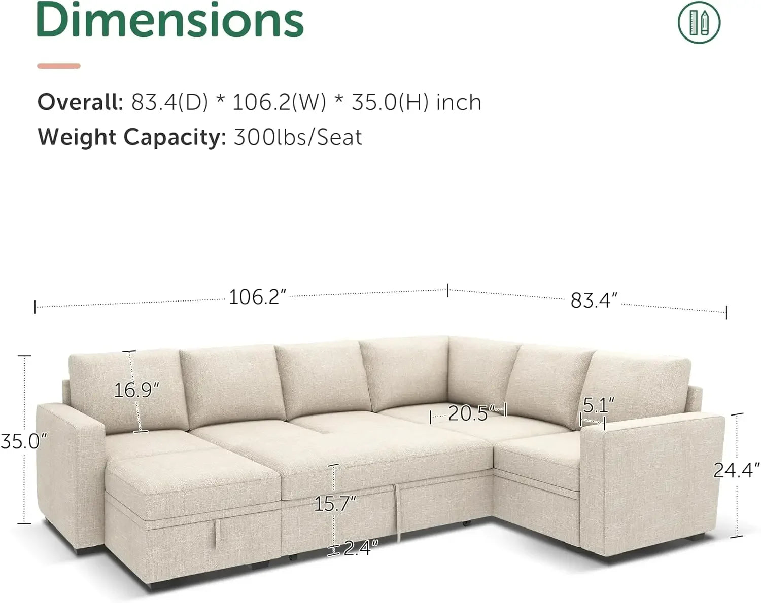 Modular Sectional Sleeper Sofa with Pull Out Bed, U Shaped Sectional Couch with Storage Ottoman, Convertible 7-Seater Sofa,