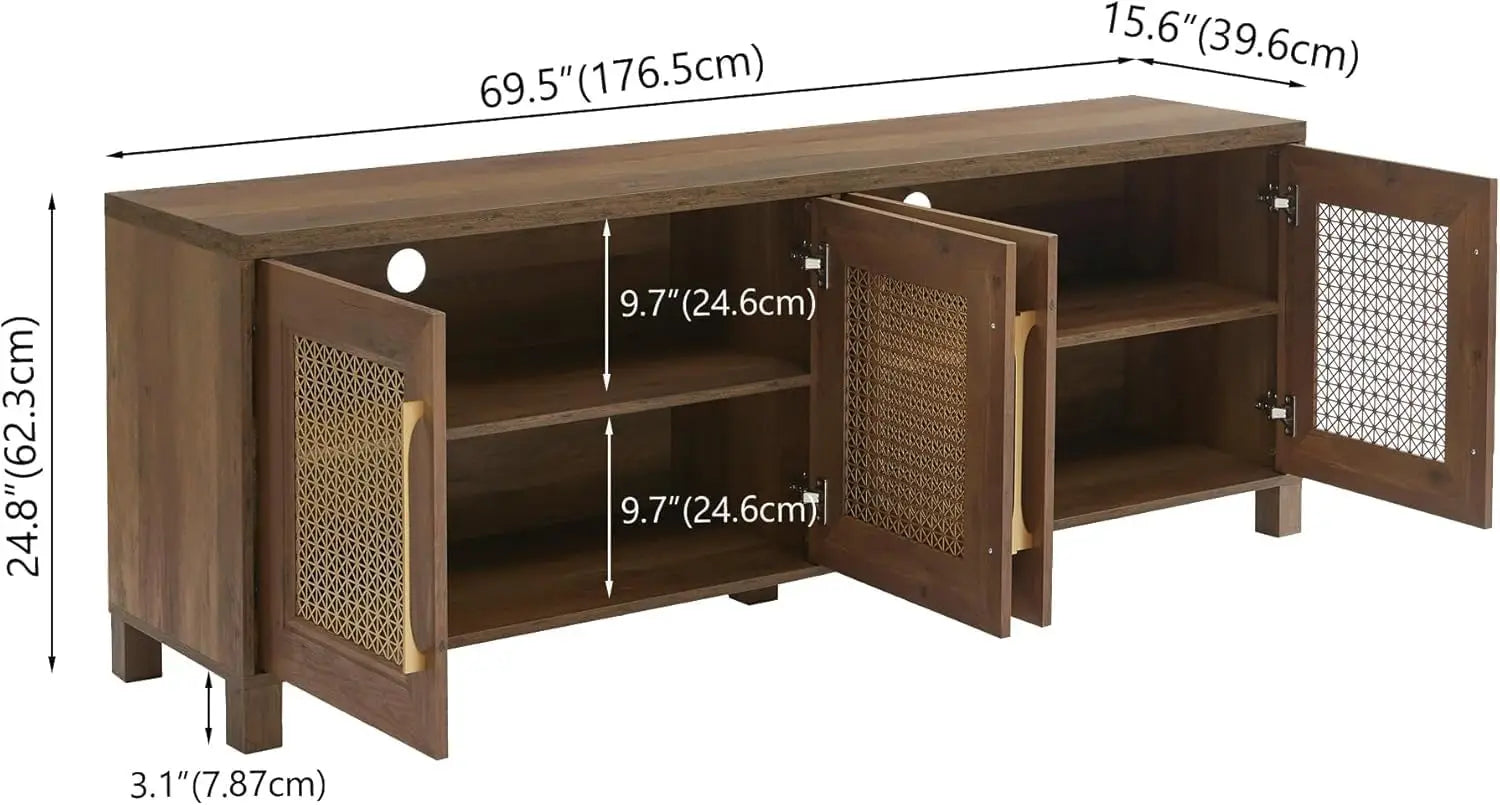 TV Stand for TVs Up to 75", 69.5" Rustic Oak Entertainment Center with 4 Gold Metal Mesh Doors