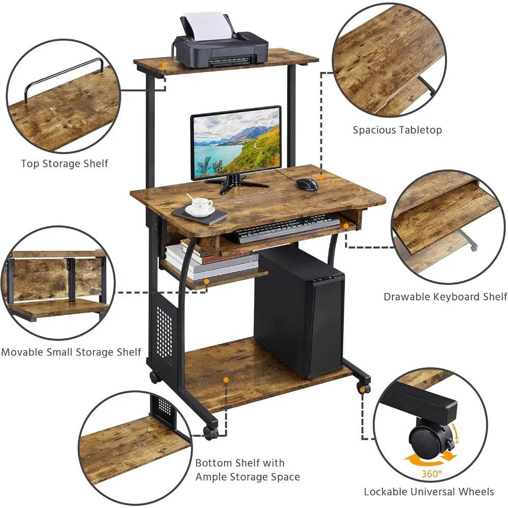 3 Tiers Rolling Computer Desk with Keyboard Tray and Printer Shelf for Home Office, Mobile Computer Desk for Small Space, Retro