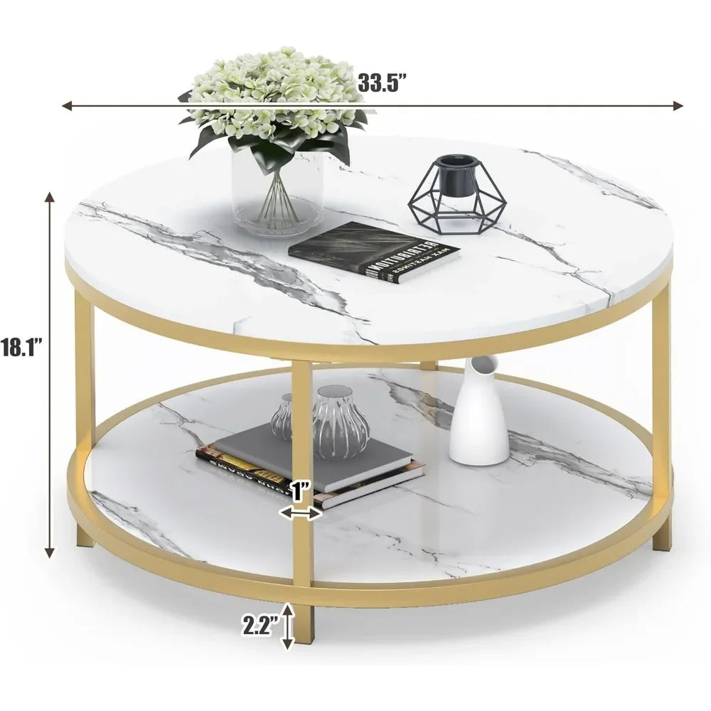 33.5" Round Coffee Table/  Coffee Table Room/ High Glossy Faux Marble Top /Circle Table Sturdy Gold Frame Legs/ Cocktail Table