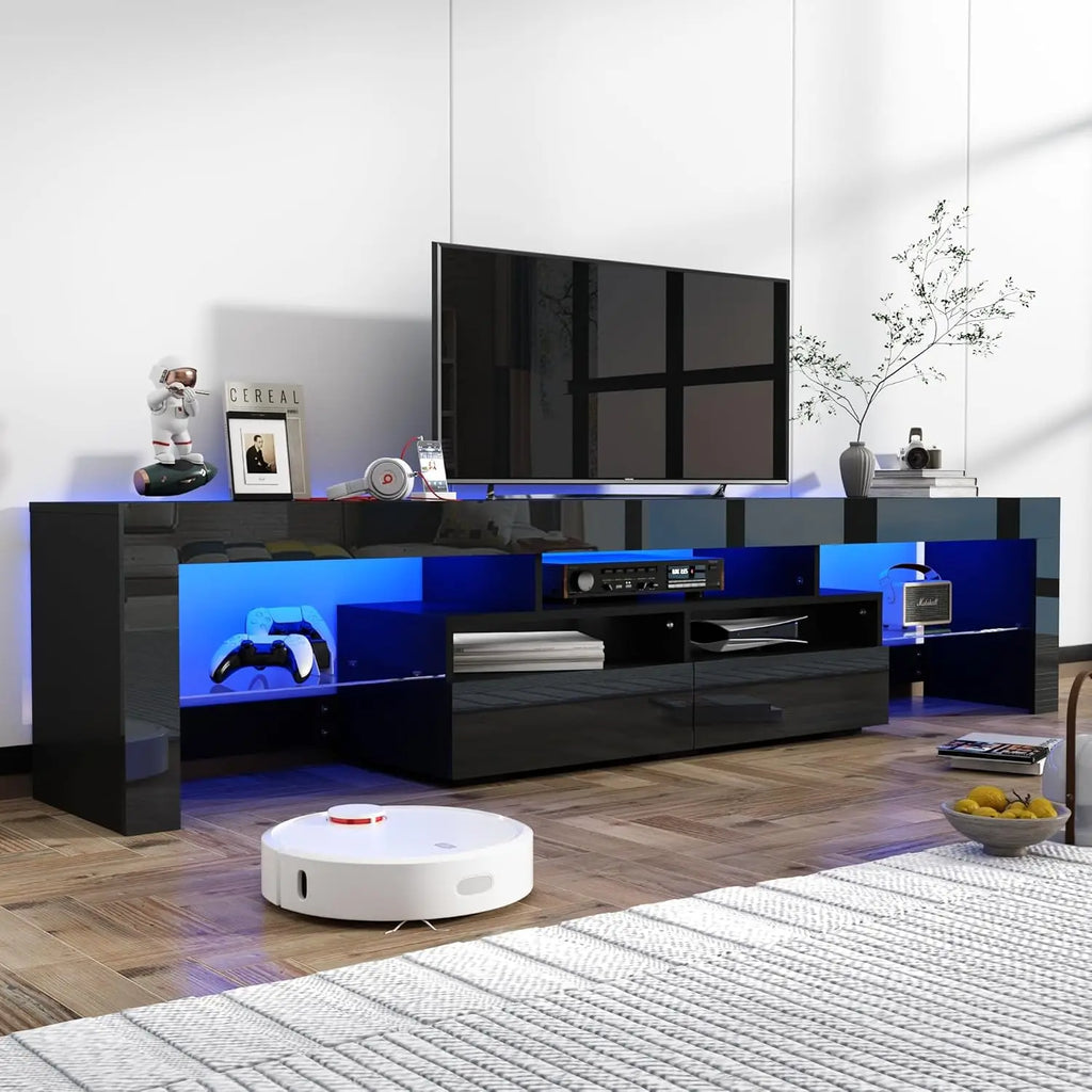 LED TV Stand for 75/85/90 inch TV, High Glossy Modern Entertainment Center with Drawer and Led Lights, Television Table Media