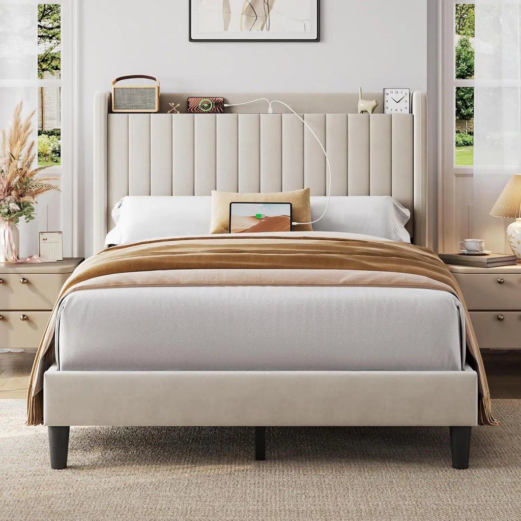 Queen Bed Frame with USB Charging Station and Storage Shelf/Upholstered Headboard Platform Bed with Wing Side/Wooden Slats