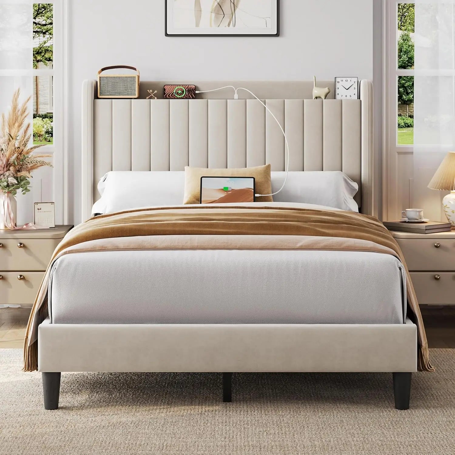 Queen Bed Frame with USB Charging Station and Storage Shelf/Upholstered Headboard Platform Bed with Wing Side/Wooden Slats