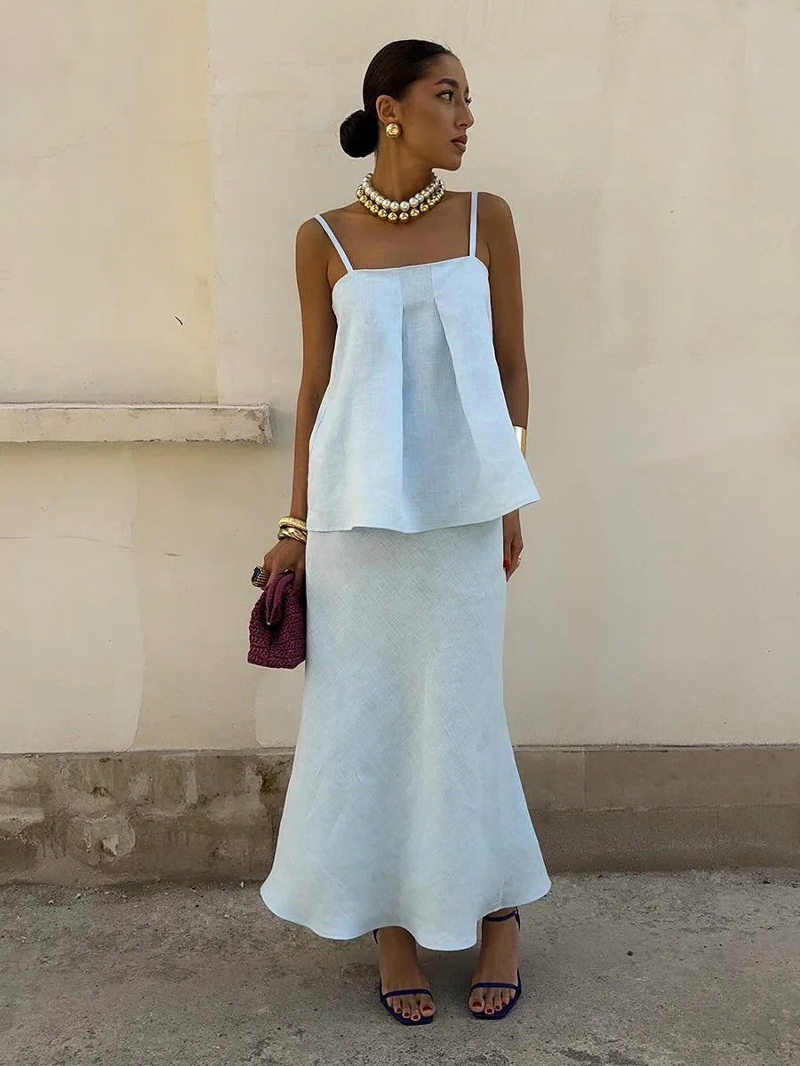 2026 Spring Summer New Cotton Women's Cami Skirt Set Elegant Lazy Cami Mermaid Maxi Skirt Two-Piece Outfit
