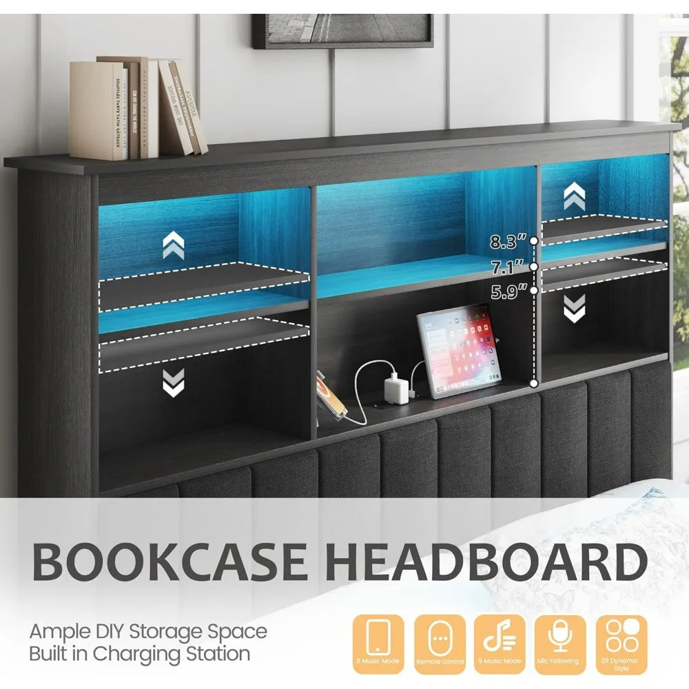 Wooden Queen-Size Bed Frame with Storage Headboard, High Bookcase, 4 Drawers, LED Lights, and Charging Station