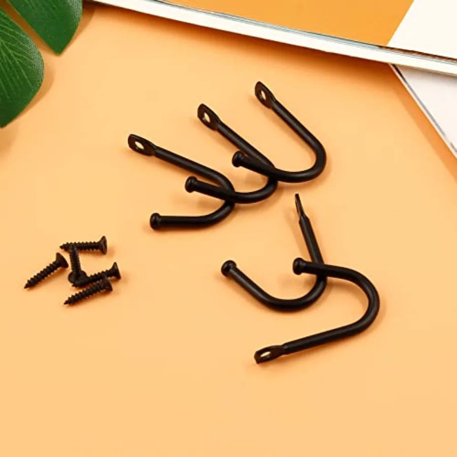 10 Pcs Black Single Prong Wrought Iron Hooks with Screws/ Decorative Colonial Wall Hooks, For Keys, Hats, Clothes, Towels