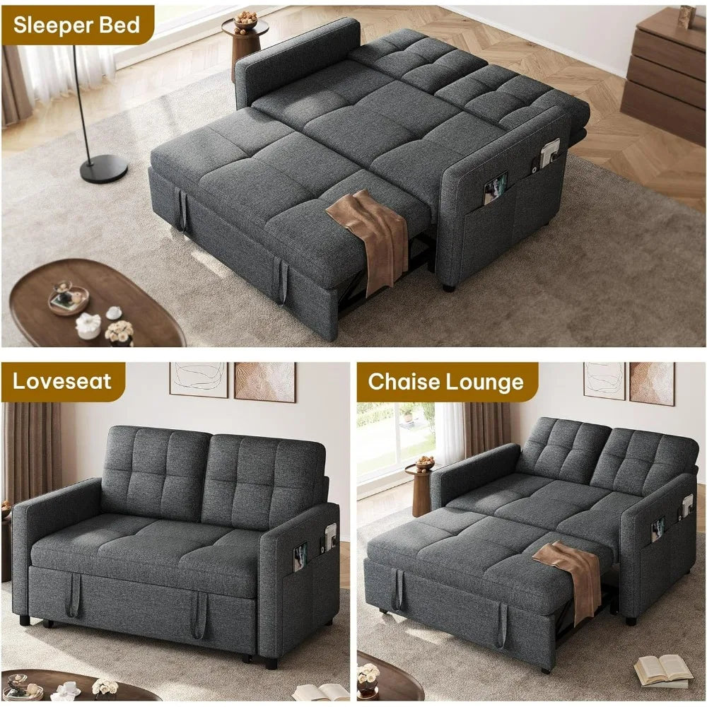 55" Convertible Sofa Bed, 3-in-1 Sleeper Sofa with Pull-Out Bed, Linen Futon Couch with Adjustable Backrest/Side Pocket
