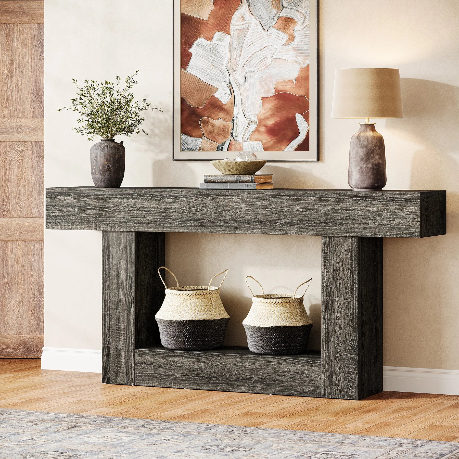 63" Console Table, Farmhouse 2-Tier Entryway Table with U-Shaped Base, Narrow Long Wood Sofa Table Behind Couch Table