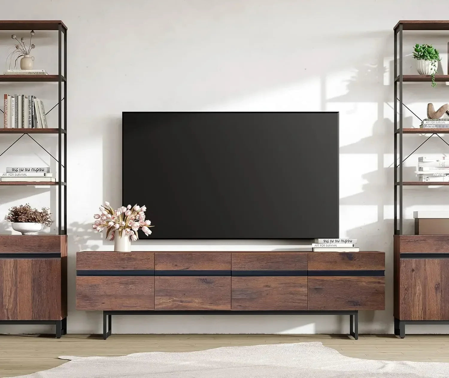 Modern TV Stand for up to 75" TV, Wood Entertainment Center, TV Console Table with Storage Cabinets/ Media Console