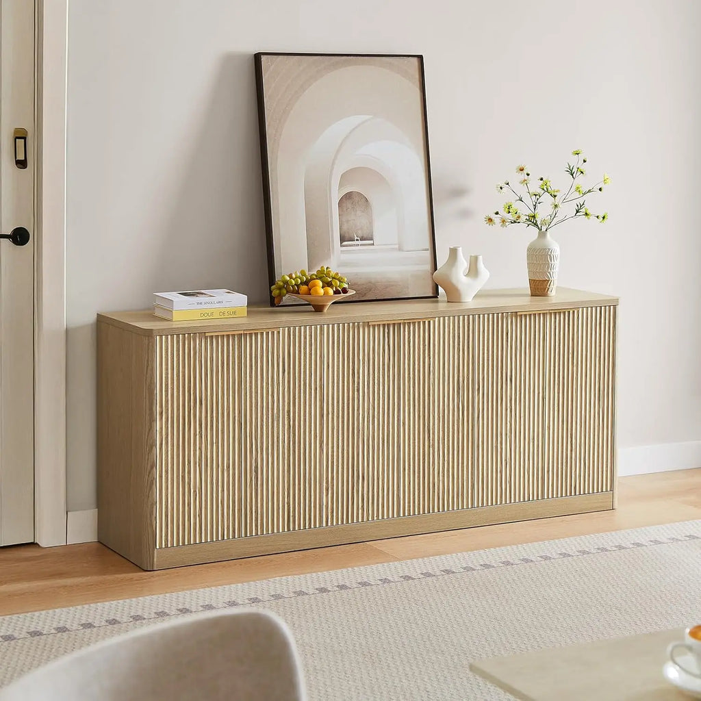 67" Fluted Oak Buffet Cabinet Sideboard with Storage, Large Credenza with 6 Doors, Wood Mid Century Modern Sideboard