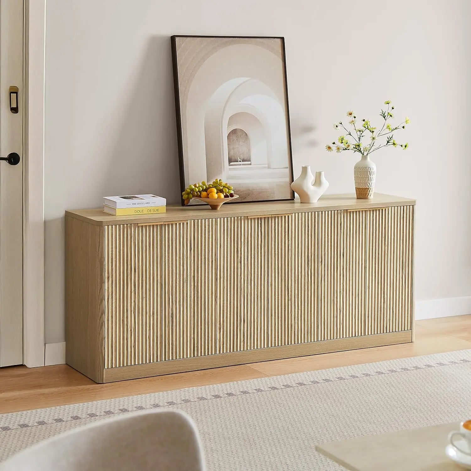 67" Fluted Oak Buffet Cabinet Sideboard with Storage, Large Credenza with 6 Doors, Wood Mid Century Modern Sideboard