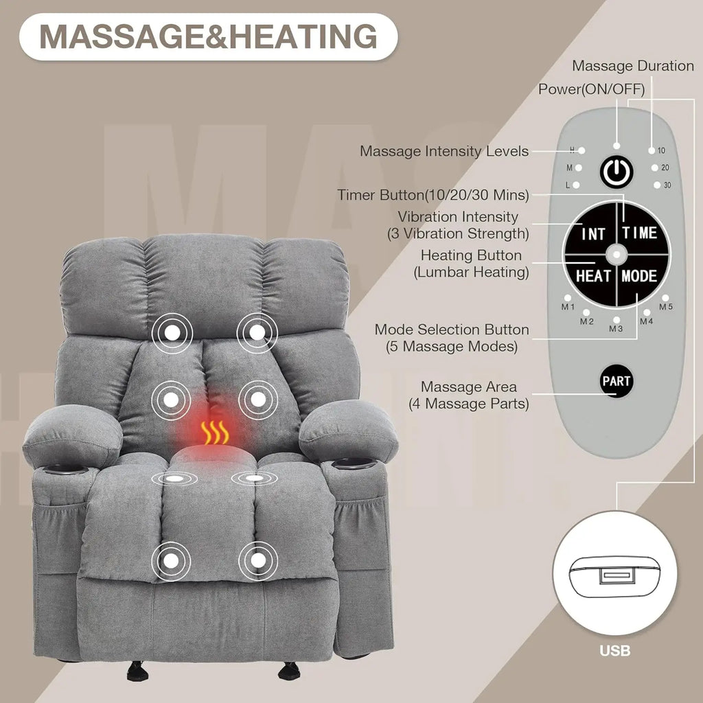 Massage Recliner Chair with Heat Vibration, Rocking Ergonomic Overstuffed Lounge, USB Port, Grey