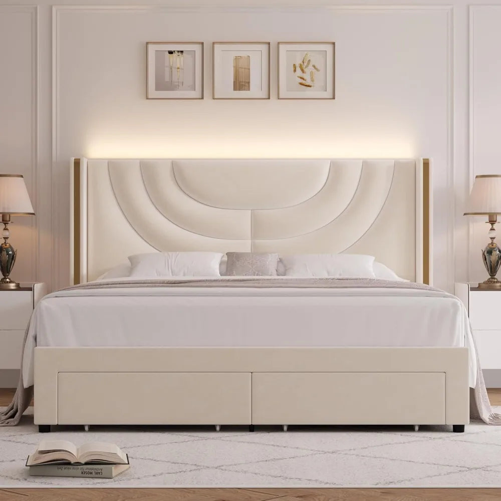 Full Upholstered LED Bed Frame with 2 Storage Drawers, Velvet Platform Bed with Wingback Headboard