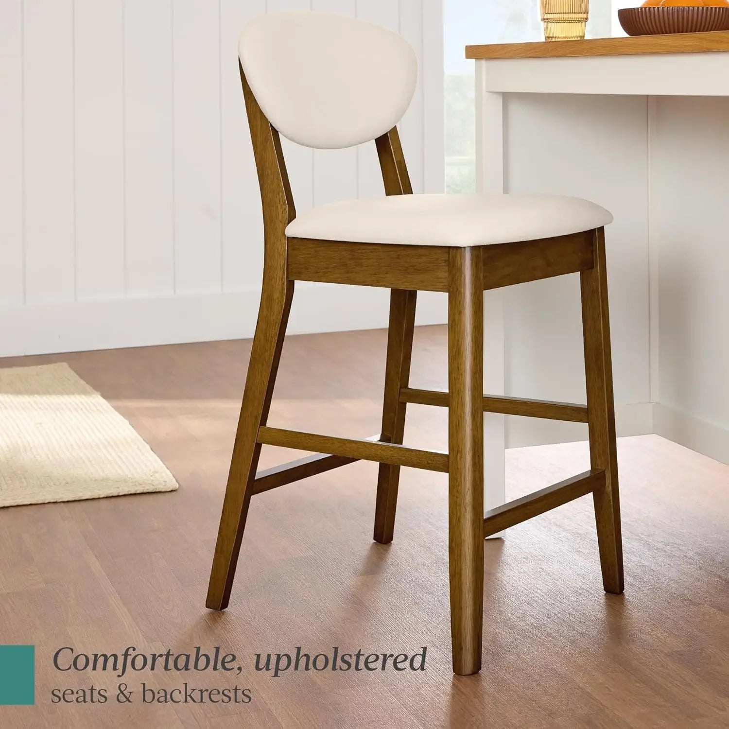 Bar Stool Set of 2, Mid-Century Modern Upholstered Wood, Armless Counter Height w/Seat Cushion, Backrest - Walnut/Cream
