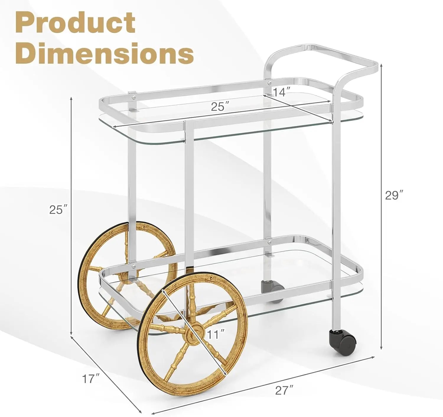 Bar Cart for The Home, 2-Tier Rolling Tempered Glass Serving Cart, 2 Large Gold Aluminum Wheels, Stainless Steel Frame