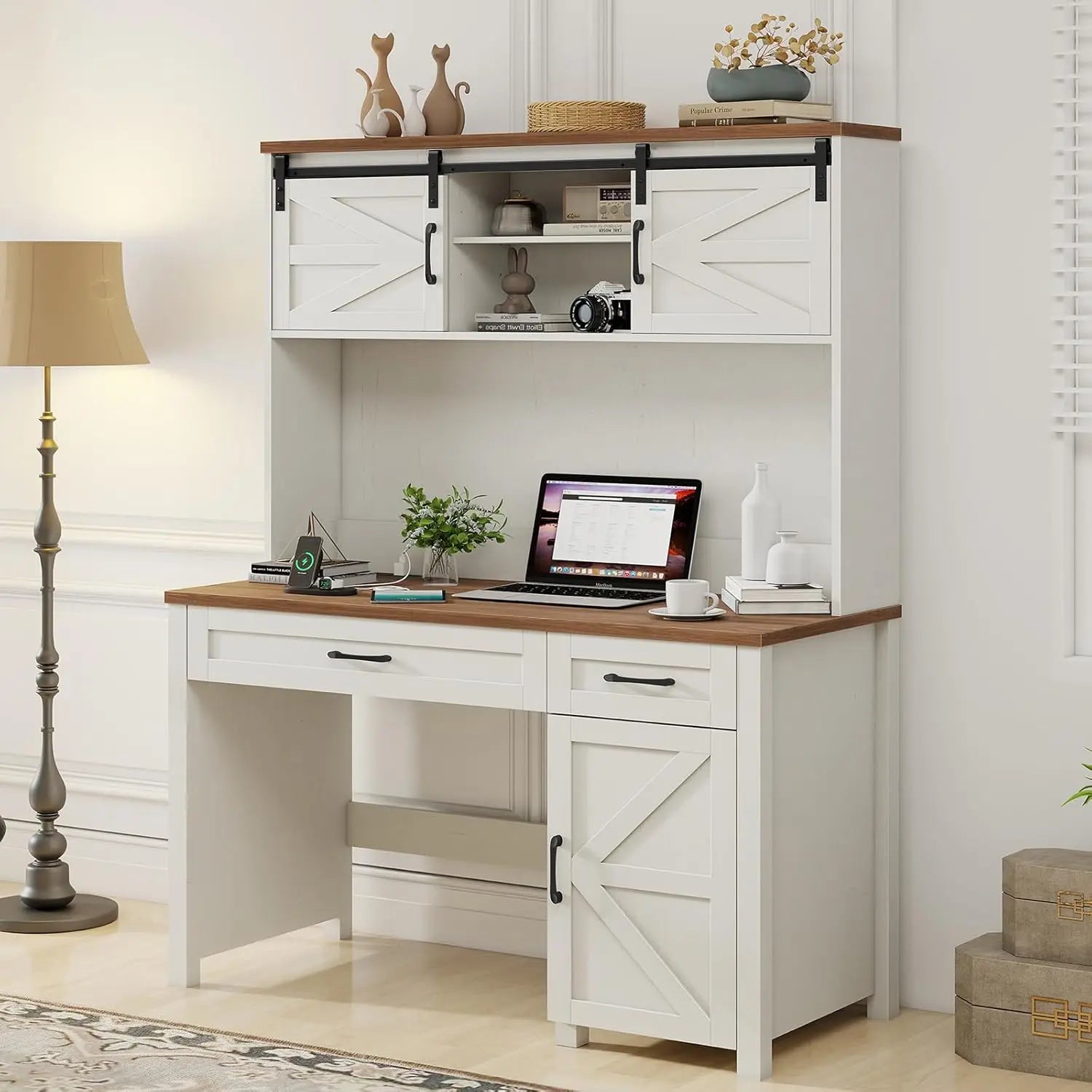 Farmhouse 47" Executive Desk, Computer Desk with Drawers and Storage Cabinet, Home Office Desk with Hutch