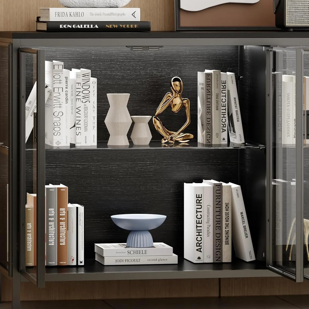 Sideboard Buffet with LED Lights, Glass Doors, Modern Display Cabinet with Glass Shelves, Black Cupboard Credenza