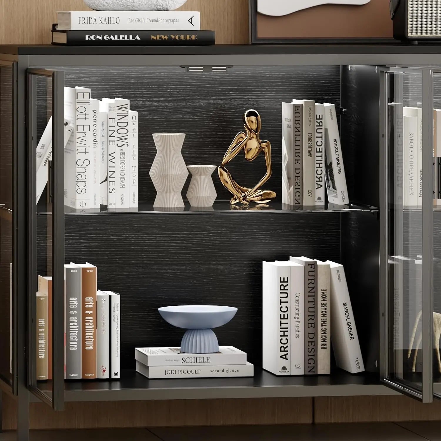 Sideboard Buffet with LED Lights, Glass Doors, Modern Display Cabinet with Glass Shelves, Black Cupboard Credenza