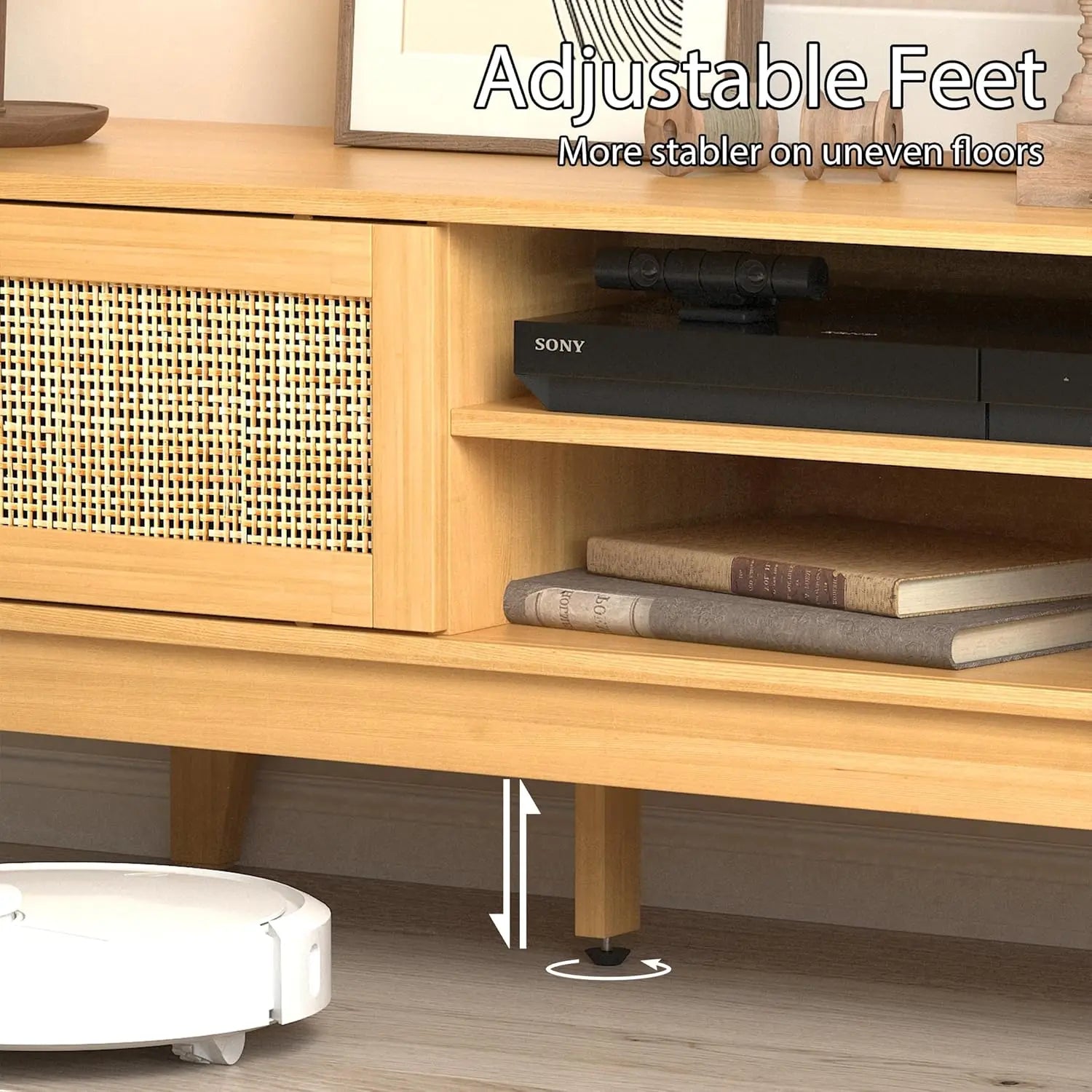 Boho TV Stand for 55/ 65" Inch TV, Rattan Entertainment Center with Shelves, Cabinets and Sliding Doors, TV Media Console Table
