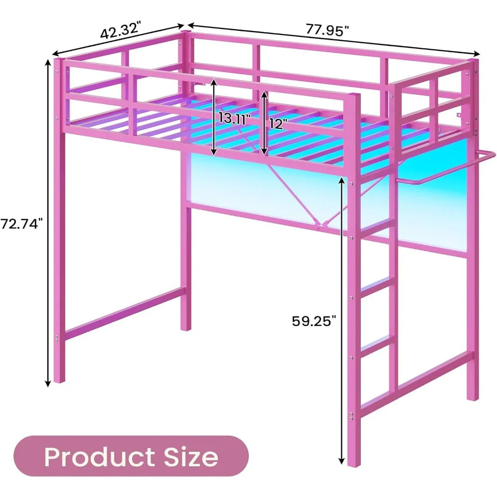 Twin Size Pink Loft Bed with LED Lights, Full-Length Guardrail, and Clothes Rack - Heavy Duty Metal Frame