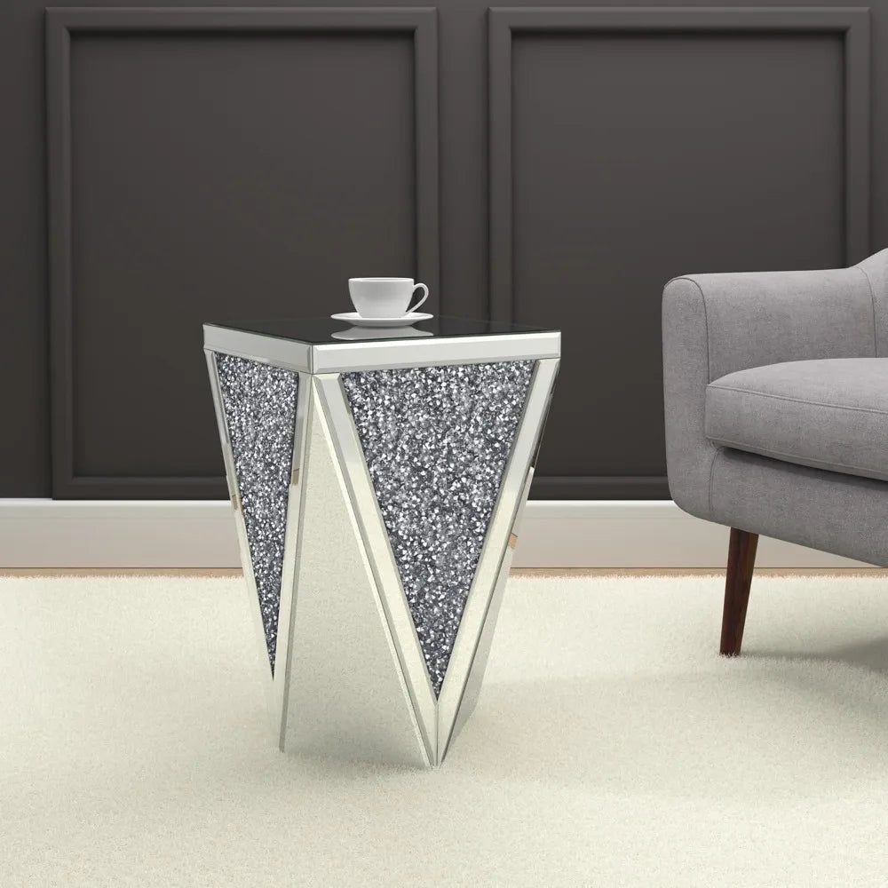 Silver Glass End Table with Crystal Accents for Hallway, Living Room, and Coffee Areas