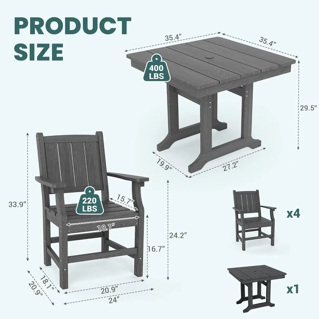 5 PCS Outdoor Dining Set, Spacious Outdoor Table and Chairs, Wood Grain Patio Dining Sets with Elegant Armrest