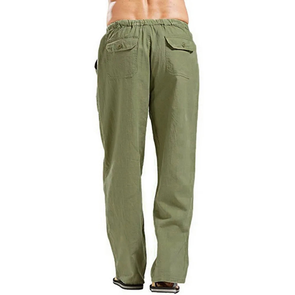 Men's Cotton Linen Pants/ Summer Solid Color Breathable Linen Trousers/ Male Casual Elastic Waist Fitness Pants