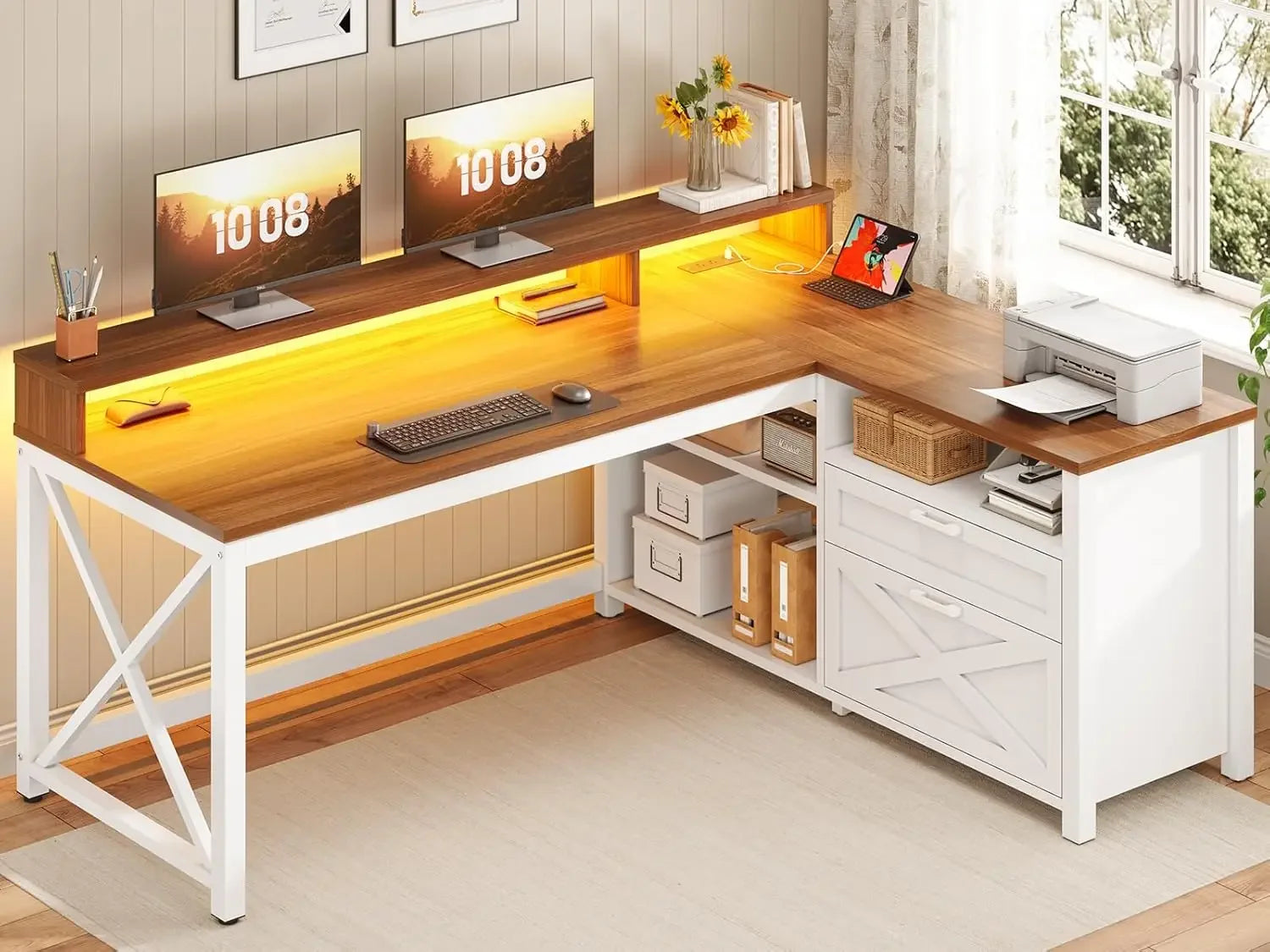 High Quality  Farmhouse L Shaped Desk, 55" Home Office Desk with Drawers and Storage Shelves, L Shaped Gaming Desk with LED Lights
