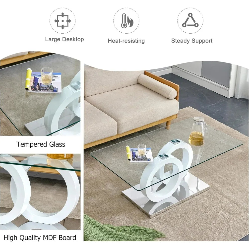 Glass Coffee Table, Coffee Table for Living Room, 47'' Modern Tempered Glass Tabletop with DoubleO MDF Leg and Silver Metal Base