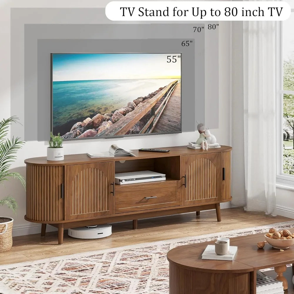 70" Fluted TV Stand for TV up to 80", Modern Entertainment Center with Drawers and Fluted Doors