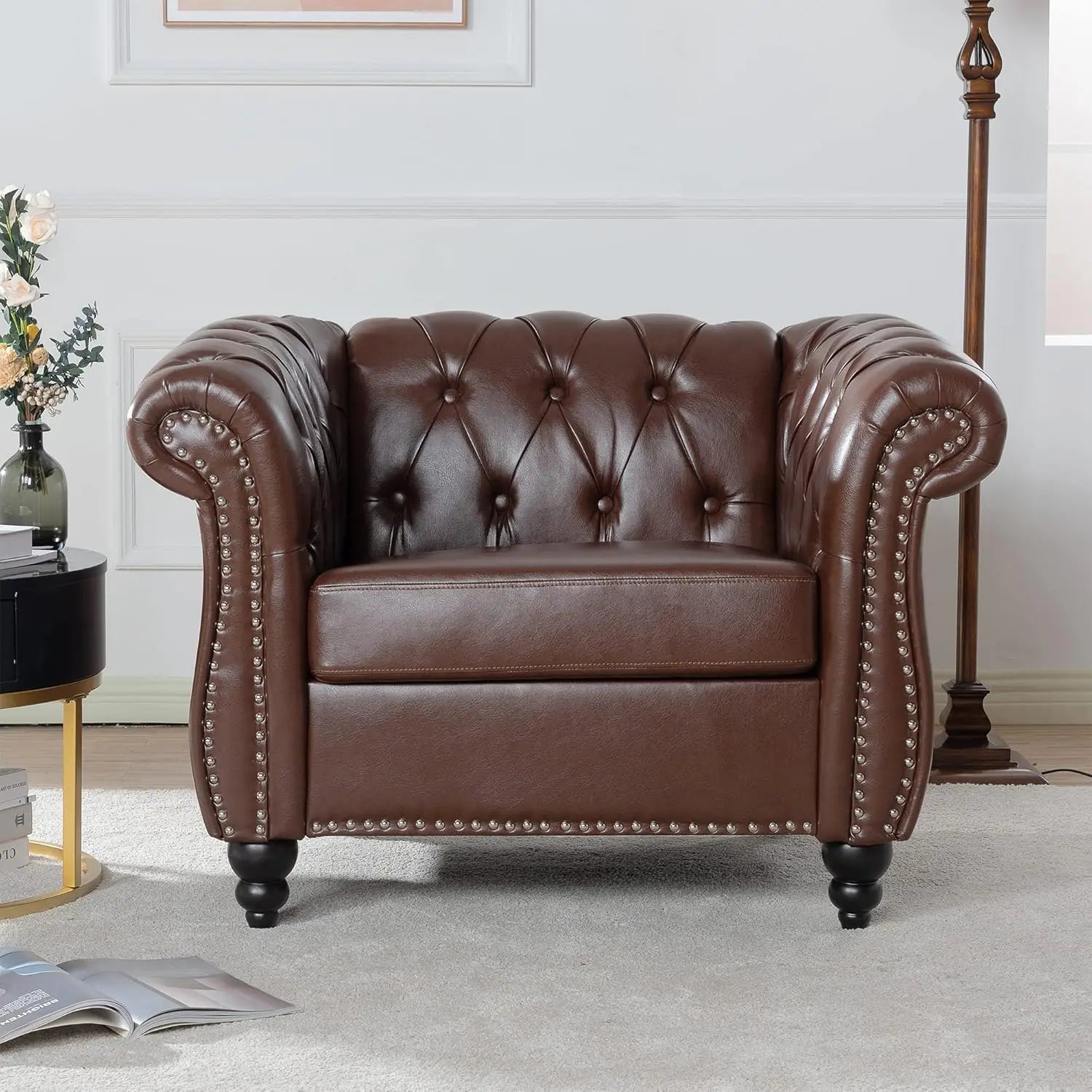 Leather Chesterfield Chair, Mid-Century Modern Single Sofa Chair, Tufted Upholstered Rolled Armchair