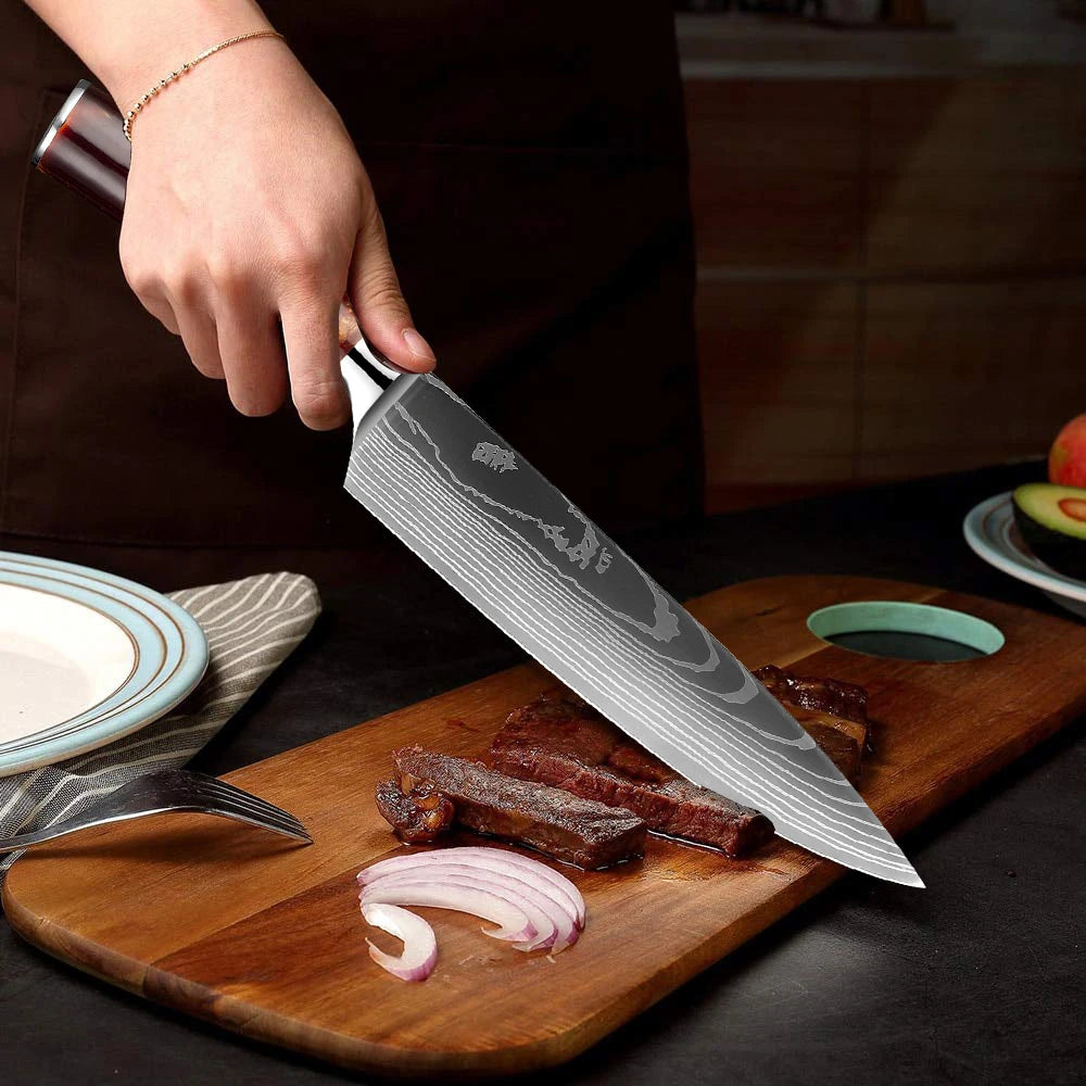 Kitchen Knife Set 15-Piece With Wooden Block, Laser Damascus Pattern Steel Professional Chef's Knife, With Scissor Sharpening Rod