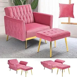 Upholstered Reclining Chair/Ottoman with Adjustable Armrests and Back, Button-Tufted Relaxation Seat