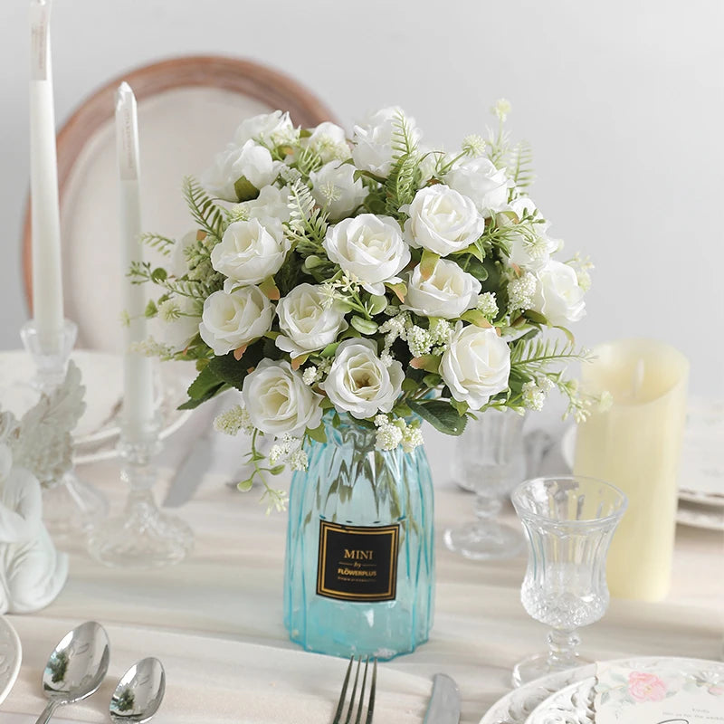 30cm Rose White Silk Bouquet/ Peony Artificial Flower/ 5 Big Head 4 Small Bud/ Wedding Brides/ Home Decoration Artificial Flower