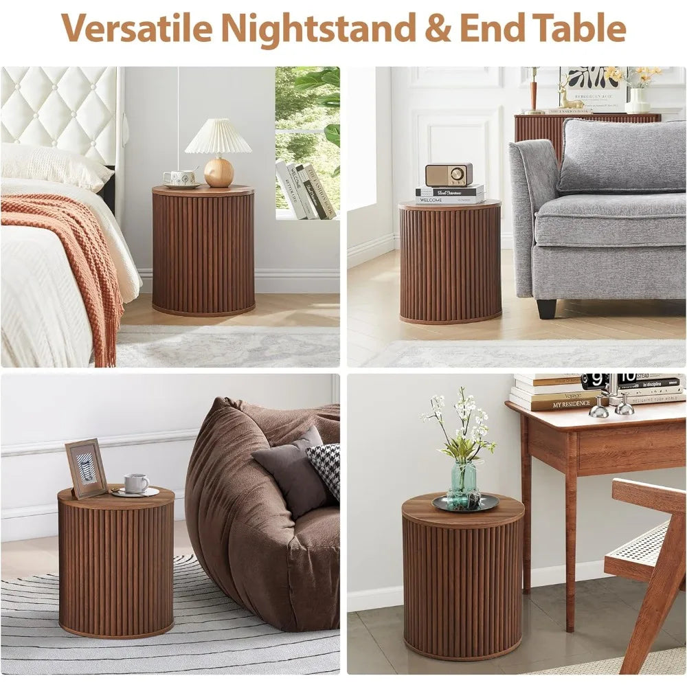 Pair of Mid-Century Modern Round Fluted Side Tables, 15.7 Wooden Nightstands with Storage for Bedside Use
