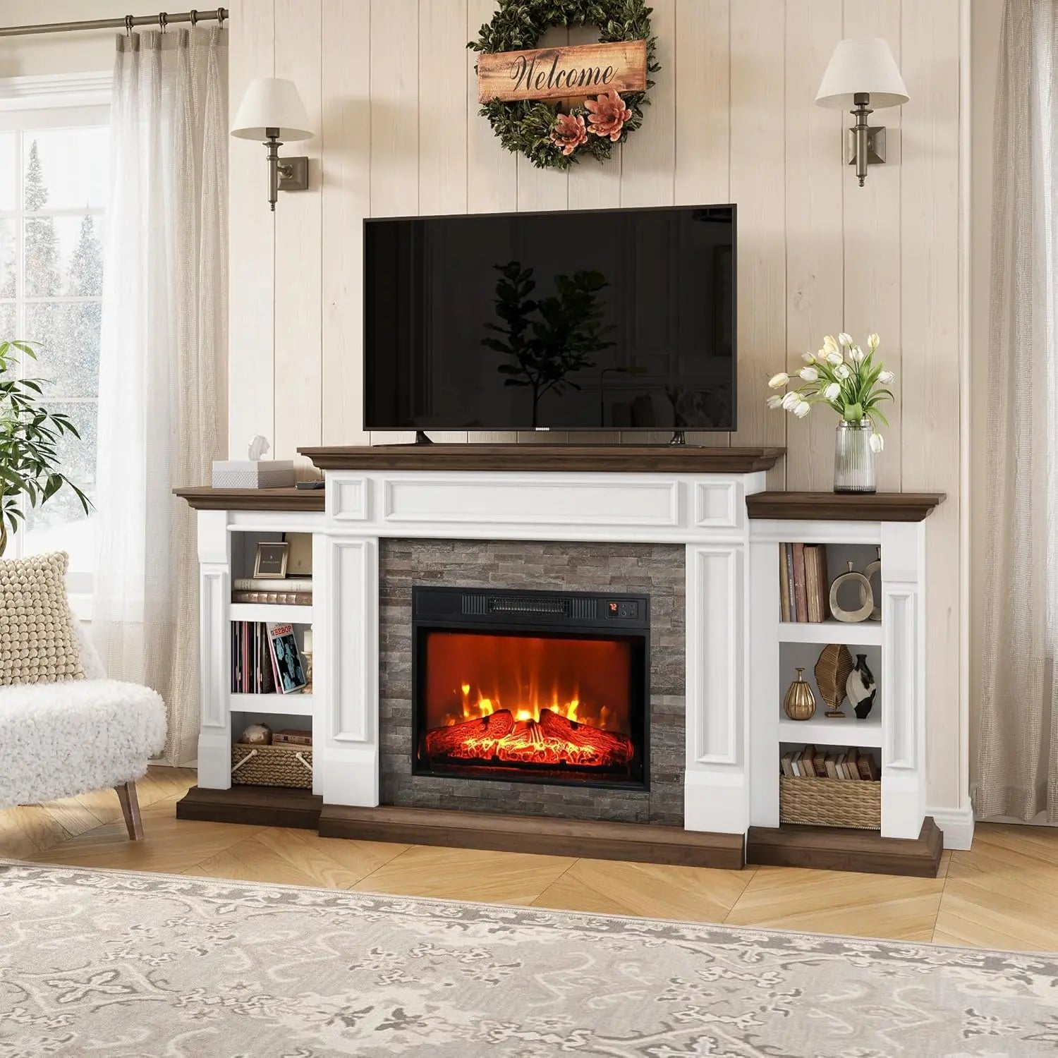 72" Electric Fireplace with Mantel, Fireplace TV Stand for TVs Up to 80", Farmhouse Entertainment Center