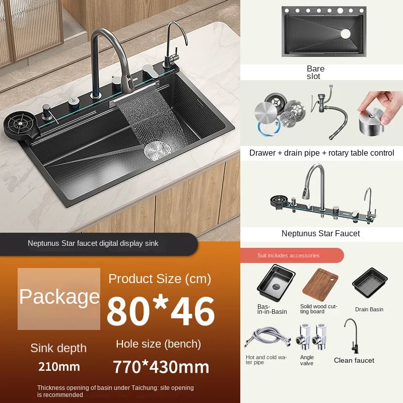 Gold 5mm Waterfall Kitchen Sink/ Honeycomb Technology Large Digital Display Stainless Steel Sink