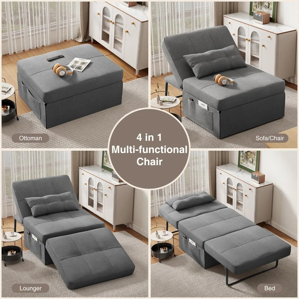 Sleeper Chair, Bed, 4 in 1 Sofa Bed, Assembly-Free Folding Ottoman with Adjustable Backrest and Pillow, Breathable Linen