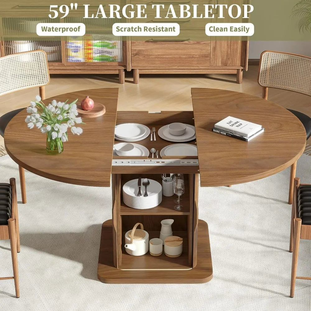 Expandable Oval Dining Table for 4-6-8 People, 59" Kitchen Table with Storage, Wooden Sliding Door, Contemporary Oval Design