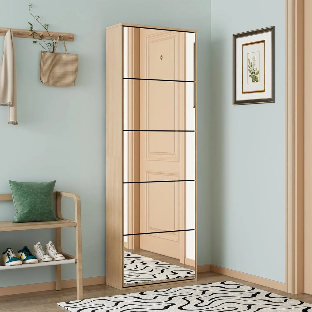 Mirror Shoe Cabinet with 5 Flip Drawers, Shoe Rack Storage Organizer, Entryway Shoe Cabinet for Front Door, Foyer, Hallway