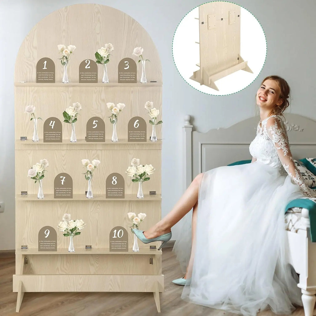 5.9 ft Wooden Arch Party Display 4 Tier Champagne Wall Foldable Treat Wall Display Backdrop Wedding Drink Shelves