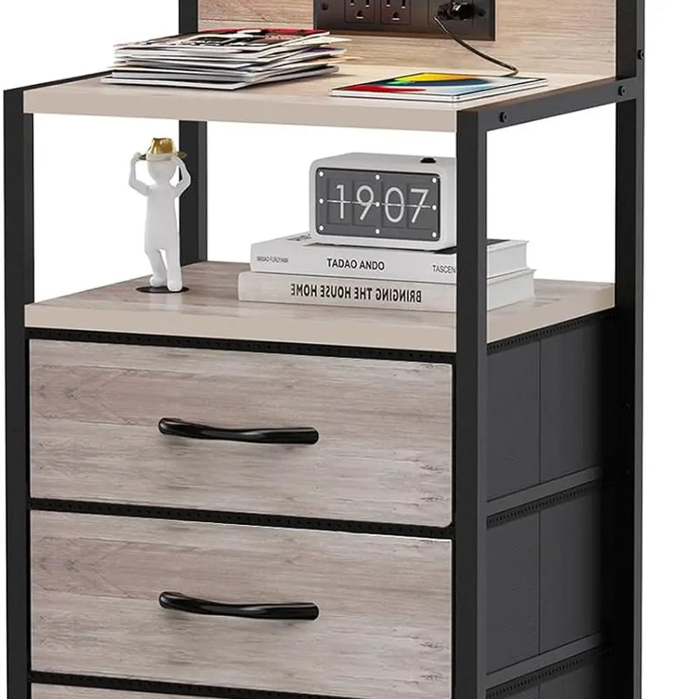 LED Lighted 3-Drawer Nightstand with Charger Station, Storage Shelves, and Hooks for Bedroom or Dorm