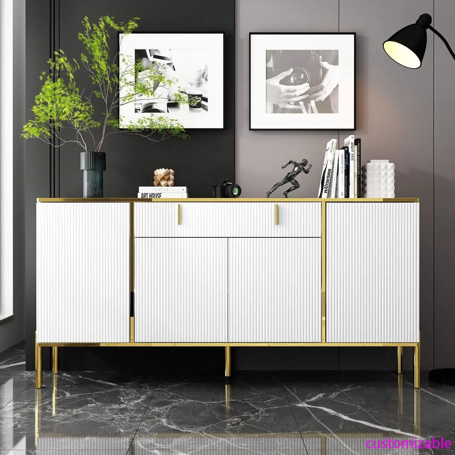 Modern Credenza Sideboard Buffet with Drawer & Pop-Up Doors, Buffet Sideboard Storage Cabinet with Gold Metal Legs